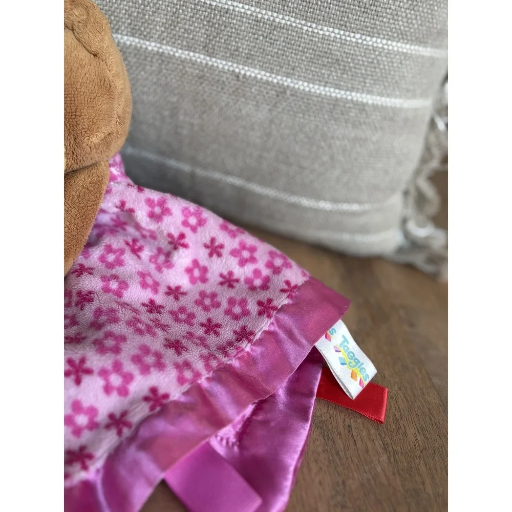 Taggies Pink Floral Teddy Bear Baby Security Blanket Satin Ribbon Loops Plush